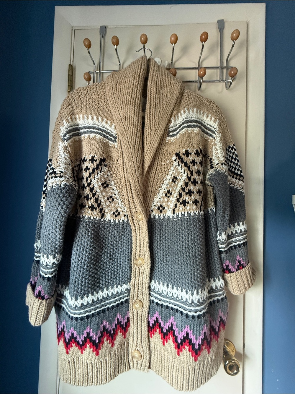 Lucky Brand Beige, Gray & Pink Fair Isle Shawl Cardigan Sz M NWOT